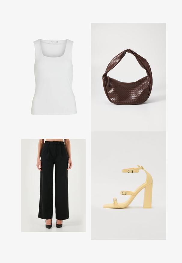 Valkoinen hihaton toppi, jossa on neliskanttinen pääntie, sileä rakenne ja vartalonmyötäinen muoto. Valmistettu kevyestä kankaasta.; Musta leveälahkeinen housu, joka on valmistettu sileästä kankaasta. Ominaisuuksiin kuuluu korkea vyötärö, etupleikkaukset ja kaksinkertainen napitus. Suunniteltu rennoksi istuvuudeksi.; Keltaiset paksupohjaiset sandaalit, joissa on kolme säädettävää hihnaa, neliön muotoinen kärki, sileää synteettistä materiaalia ja hopeanväriset soljet.; Ruskea kudottu nahkalaukku, jossa on kaareva, solmittu kahva ja vetoketjukiinnitys. Sujuva pinta ja pyöreä muoto.; Kulta-tone suorakulmainen rannekello, jossa on valkoinen kellotaulu, hopeanväriset tuntimerkit ja kestävä metallinen linkkiranneke. Mukana vedenkestävyysominaisuus.