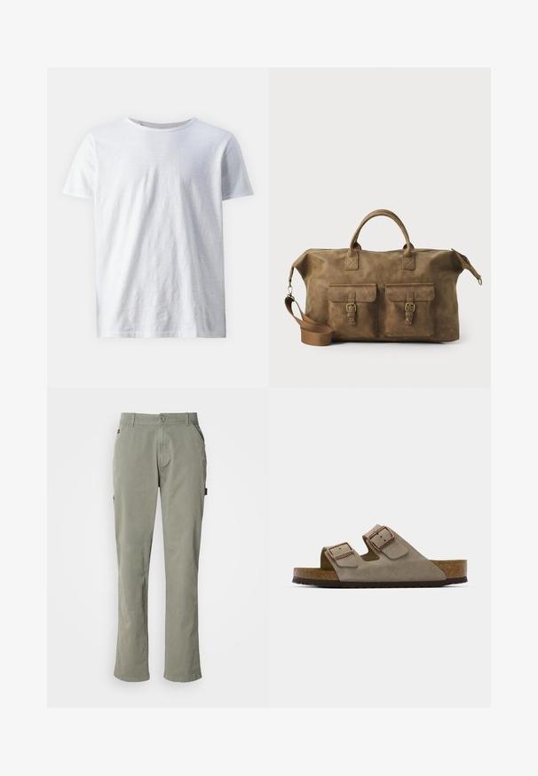 Valkoinen lyhythihainen t-paita, joka on valmistettu kevyestä kankaasta. Pyöreä kaula-aukko, jossa on sileä pinta ilman näkyviä kuvioita tai koristeita.; Vaaleanvihreät puuvillapantsit suoran leikkauksen kanssa, joissa on etutaskut, napitus ja vyötärö, jossa on vyölenkit.; Suede liukumi sandalai šviesiai pilkos spalvos su dviem reguliuojamomis sagtimis, kamštiniu viduriu ir tekstūruota gumine išore.; Ruskea nahkainen duffel-laukku, jossa on kaksi etutaskua, säädettävä olkahihna, kultaiset yksityiskohdat ja tukevat yläkahvat. Lisääntynyt sileä rakenne.