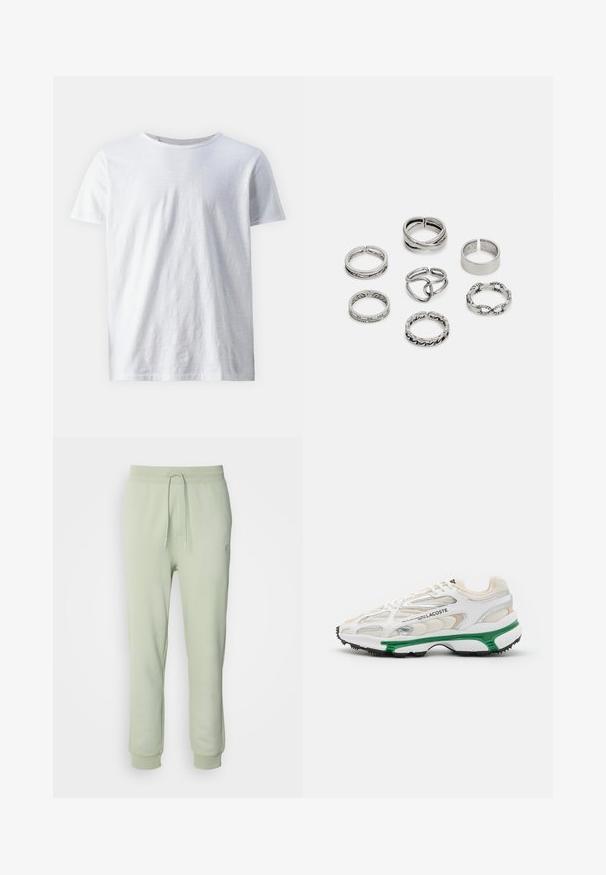 Biała koszulka z krótkim rękawem wykonana z lekkiego materiału. Okrągły dekolt o gładkiej fakturze, bez widocznych wzorów czy akcentów.; HUGO NOMPIO jasnozielony; Biały sneaker z zielonym akcentem i czarną gumową podeszwą. Posiada panelowe wstawki z siateczki i syntetyku, z fakturowanym wykończeniem oraz widocznym przeszyciem.; Zestaw siedmiu srebrnych pierścionków o różnych wzorach, w tym skręconych, połączonych i grawerowanych. Różne kształty i szerokości.