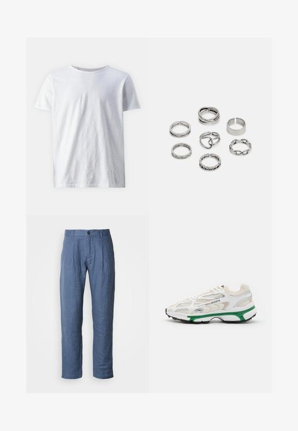 Biała koszulka z krótkim rękawem wykonana z lekkiego materiału. Okrągły dekolt o gładkiej fakturze, bez widocznych wzorów czy akcentów.; Lekkie niebieskie lniane spodnie z prostymi nogawkami, z zapięciem na guzik, listwą w pasie oraz gładką teksturą.; Biały sneaker z zielonym akcentem i czarną gumową podeszwą. Posiada panelowe wstawki z siateczki i syntetyku, z fakturowanym wykończeniem oraz widocznym przeszyciem.; Zestaw siedmiu srebrnych pierścionków o różnych wzorach, w tym skręconych, połączonych i grawerowanych. Różne kształty i szerokości.