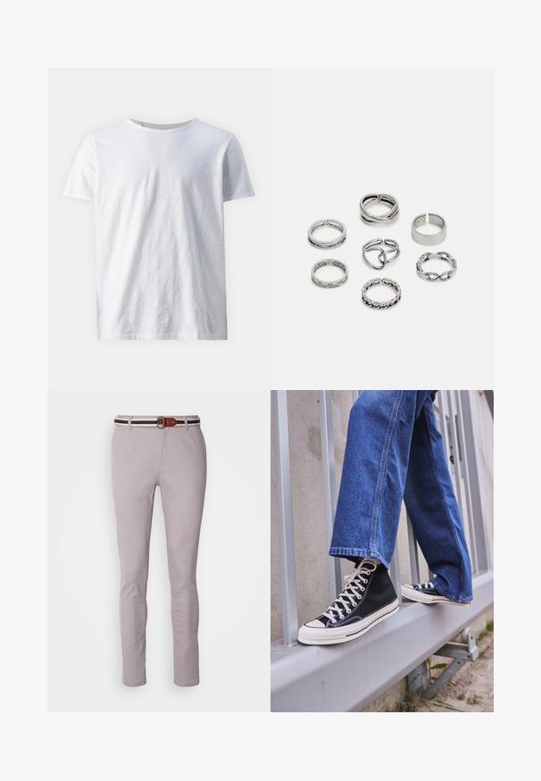 T-shirt blanc à manches courtes en tissu léger. Encolure ronde avec une texture lisse et sans motifs ni accents visibles.; Pantalon gris clair en mélange de coton, avec une coupe slim, un devant plat et une ceinture rayée marron et marine avec une boucle rectangulaire.; Baskets montantes noires avec semelle et lacets blancs, associées à un jean en denim bleu décontracté, reposant sur un garde-corps gris.; Ensemble de sept bagues en argent présentant divers designs, notamment des motifs torsadés, entrelacés et gravés. Différentes formes et largeurs.