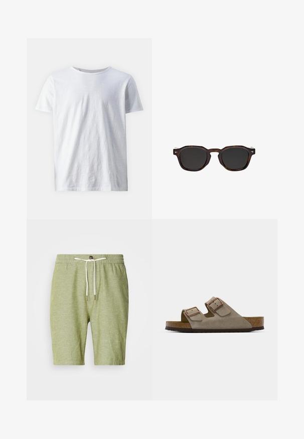 Weißes Kurzarm-T-Shirt aus leichtem Stoff. Rundhalsausschnitt mit glatter Textur und ohne sichtbare Muster oder Akzente.; Hellgrüne Shorts aus einer Baumwollmischung mit einem elastischen Bund und Kordelzug mit Metallenden, kurzer Länge und ohne Taschen.; Wildledersandale in Hellgrau mit zwei verstellbaren Schnallen, einer Kork-Zwischensohle und einer strukturierten Gummiaußensohle.; Massimo Dutti GEOMETRIC - Sonnenbrille - dark brown