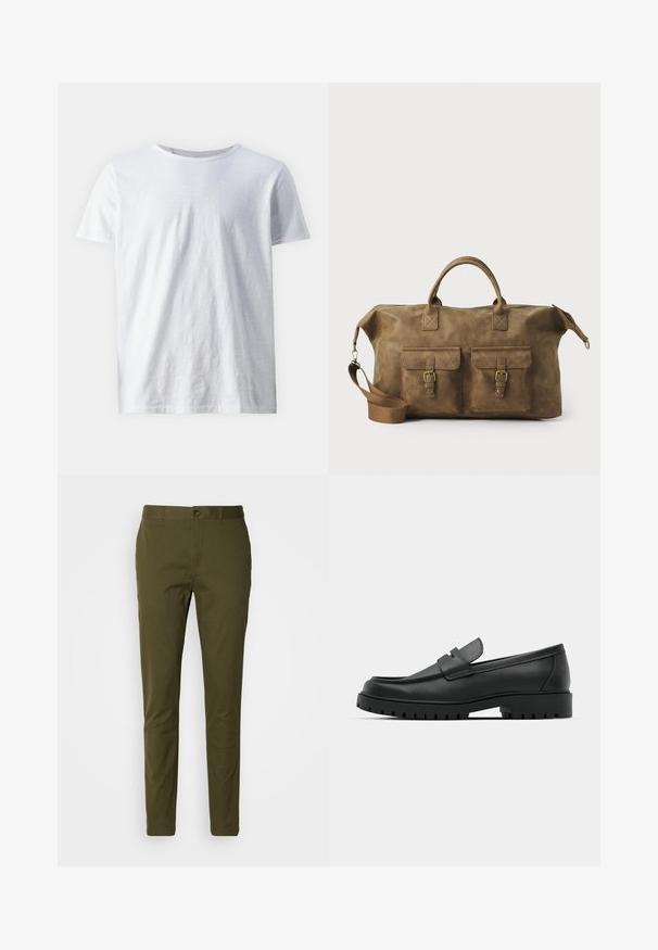 Bela kratkotrajna majica s kratkimi rokavi, izdelana iz lahkega materiala. Okrogla ovratnica s gladko teksturo in brez vidnih vzorcev ali poudarkov.; Olivno zelene hlače iz gladkega bombaža s sistemom zapiranja na gumb, slim fit krojem ter minimalnimi šivi na pasu.; Črne usnjene loafers čevlje z zaobljenim nosom, ki imajo šivano zasnovo, nizko platformo in teksturiran, profiliran gumijast podplat.; Rjav usnjen potovalni kovček z dvema sprednjima žepoma, nastavljivim ramenskim trakom, zlatim okovjem in trdnimi zgornjimi ročaji. Gladka tekstura.