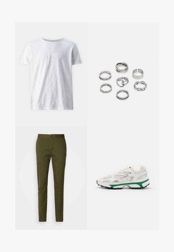 White short-sleeve t-shirt made of lightweight fabric. Round neckline with a smooth texture and no visible patterns or accents.; Olive green trousers made of smooth cotton, featuring a button closure, slim fit design, and minimal stitching details on the waistband.; White sneaker with green accent and black rubber sole. Features mesh and synthetic panels, with a textured finish and visible stitching.; Set of seven silver rings featuring various designs, including twisted, linked, and engraved patterns. Different shapes and widths.