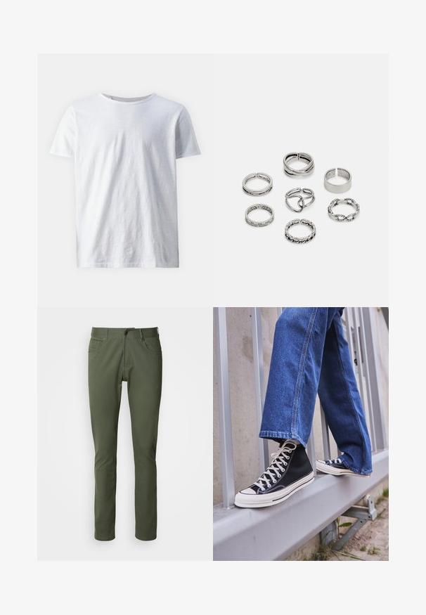 Valge lühikeste varrukatega t-särk, mis on valmistatud kergest kangast. Ümmargune kaelus sujuva tekstuuriga ning ilma nähtavate mustrite või aktsentideta.; Olive roheline puuvilla segu püksid, klassikalise sirge lõikega, viie taskuga ja metallist nööbiga kinnitamine. Sile tekstuur.; Mustad mustade kõrgete tossudega, millel on valge tallaga ja valged paelad, koos vaba sinise denimidega, mis puhkavad hallil piiridel.; Seitsme hõbesõrmuse komplekt, millel on erinevad kujundid, sealhulgas keerdunud, seotud ja graveeritud mustrid. Erinevad kujundid ja laius.
