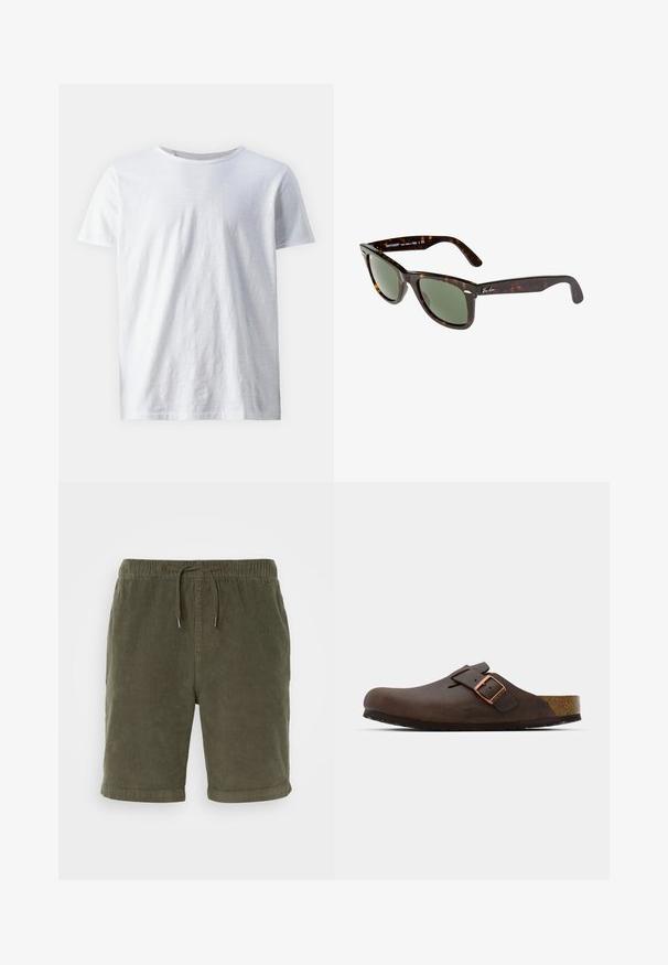 White short-sleeve t-shirt made of lightweight fabric. Round neckline with a smooth texture and no visible patterns or accents.; Olive green corduroy shorts with an elastic waistband, adjustable drawstring, and rolled cuffs. Textured fabric with a soft finish.; Brown leather clog with a wide strap and a copper buckle, featuring a textured cork footbed and a thick black rubber sole.; Wayfarer sunglasses with dark tortoiseshell plastic frame, green lenses, and silver Ray-Ban logo on the temple.