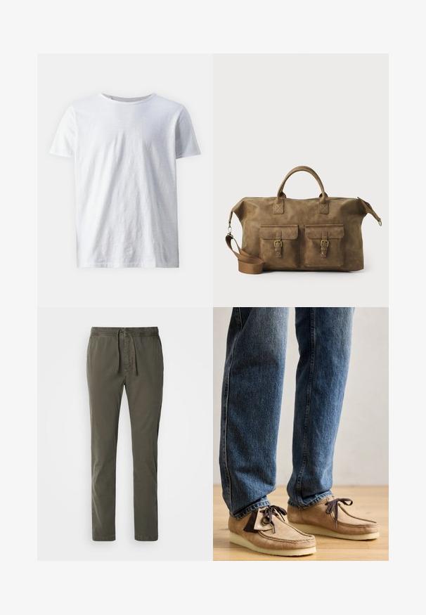 Valkoinen lyhythihainen t-paita, joka on valmistettu kevyestä kankaasta. Pyöreä kaula-aukko, jossa on sileä pinta ilman näkyviä kuvioita tai koristeita.; Tummanvihreät, kapenevat housut, joissa on joustava vyötärö ja nyöri. Valmistettu pehmeästä puuvillamateriaalista, jossa on sileä pinta.; Tumma ruskeita mokkasiineja, joissa on vaalea beige väri, pyöreä kärki ja pehmeä valkoinen pohja. Varustettu nauhakiinnityksellä ja ompelutiedoilla.; Ruskea nahkainen duffel-laukku, jossa on kaksi etutaskua, säädettävä olkahihna, kultaiset yksityiskohdat ja tukevat yläkahvat. Lisääntynyt sileä rakenne.; Setti seitsemän hopeasormusta, joissa on erilaisia muotoiluja, kuten kierrettyjä, linkitettyjä ja kaiverruksilla varustettuja kuvioita. Eri muotoja ja leveydet.