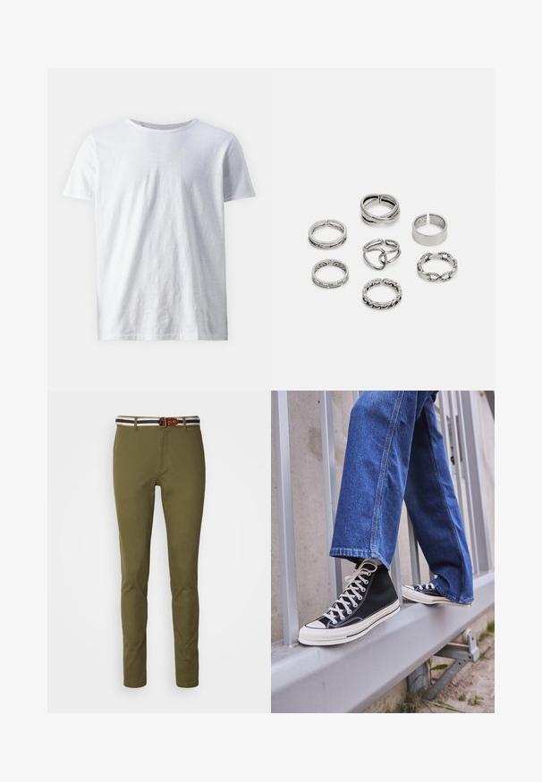 Valge lühikeste varrukatega t-särk, mis on valmistatud kergest kangast. Ümmargune kaelus sujuva tekstuuriga ning ilma nähtavate mustrite või aktsentideta.; Peenlihased oliivrohelised püksid sileda viimistlusega, millel on sinine ja valge triibuline vöökoht ning pruuni nahast silmuseaktsent.; Mustad mustade kõrgete tossudega, millel on valge tallaga ja valged paelad, koos vaba sinise denimidega, mis puhkavad hallil piiridel.; Seitsme hõbesõrmuse komplekt, millel on erinevad kujundid, sealhulgas keerdunud, seotud ja graveeritud mustrid. Erinevad kujundid ja laius.