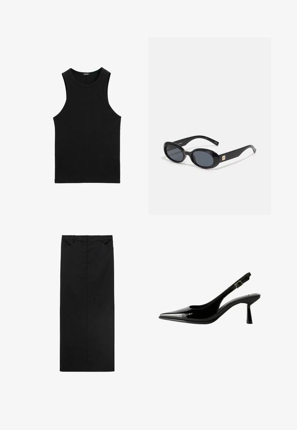 Zwart geribbelde tanktop met een ronde halslijn en brede armsgaten. Gemaakt van zachte, rekbare stof. Eenvoudig, aansluitend ontwerp.; Zwarte midi-jurk gemaakt van soepel materiaal met een rechte snit, voorzien van een tailleband en twee voorzakken. Minimalistisch ontwerp zonder patronen.; Zwarte gepatineerde leren slingback pump met een spitse neus, uitsparingen aan de zijkanten, een verstelbare enkelband en een dunne, slanke hak.; Zwarte ovale zonnebril met donkere lenzen, glanzend kunststof frame, brede zijkanten en een kleine gouden accent aan de zijkant.