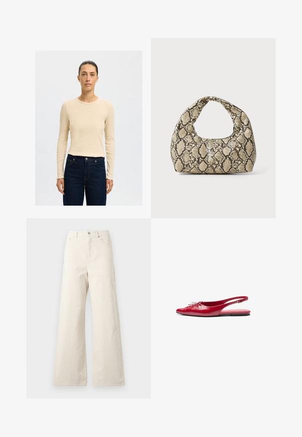 Beige ribbed long-sleeve top with a round neckline, paired with dark blue denim jeans featuring contrast stitching and a button closure.; Beige wide-leg pants made of cotton, featuring a front button closure, side pockets, and a smooth texture. Minimalistic design with no patterns.; Red leather slingback flat shoe with a pointed toe and a decorative lace-up detail on the front, featuring a slim ankle strap and flat sole.; Snake-print handbag with a curved handle. Made from textured, beige and brown materials, featuring a distinctive diamond pattern.