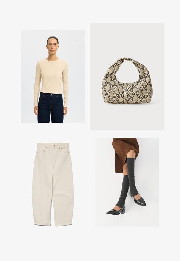 Beež ribaga pikkade varrukatega särk ümarate kaelustega, koos tumehallide denimpükstega, millel on kontrastsed õmblused ja nööpidega sulgemine.; Beige puuvillased laiad püksid kõrge vöökohaga, millel on kaks esist pocketit ja ühekohaline nööp. Sile tekstuur; pahkluu pikkus.; Mustad patsaline odav värviga kingad, millel on kreen ja pahkluuring, on paaritatud hallide ribakudumitega sääremiidega ja pruunist nahast seelikuga.; Musta käärmeprindiga kott kõveraga käepidemega. Valmistatud tekstiilsetest, beežidest ja pruunidest materjalidest, millel on iseloomulik rombikujuline muster.