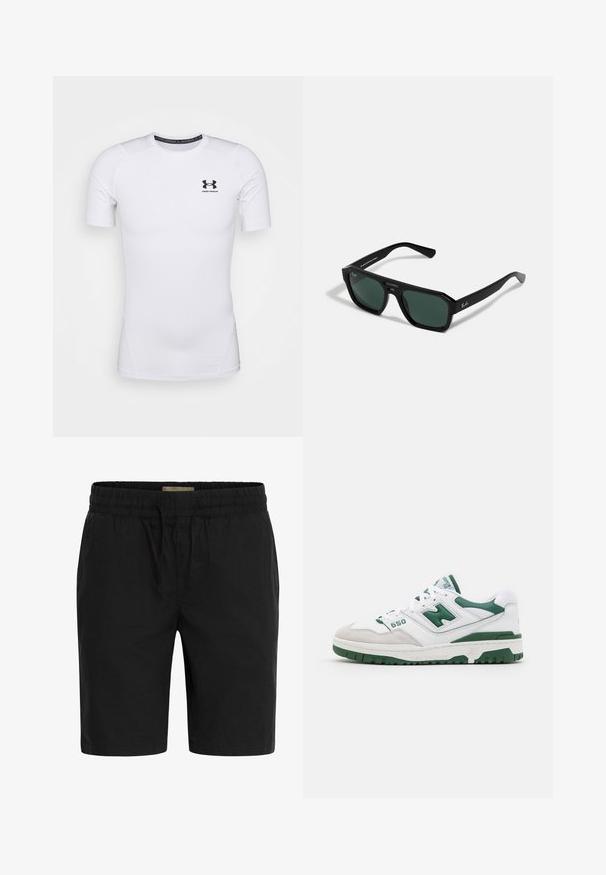 Fehér, rövid ujjú, testhez simuló póló rugalmas anyagból. Az elején egy fekete Under Armour logó található, és sima, texturált felület jellemzi.; Fekete rövidnadrág könnyű anyagból, elasztikus derékkal és húzózsinórral, oldalsó zsebekkel a kényelem érdekében.; Fehér sportcipő zöld kiegészítőkkel, struktúrált bőrrel és velúrral, perforált részletekkel, párnázott szegéllyel és gumitalppal. Modell száma: 550.; Fekete téglalap alakú napszemüveg zöld lencsékkel. Műanyagból készült, nyolcszögletű formájú és sima felületű. Ray-Ban márkajelzéssel az oldalon.