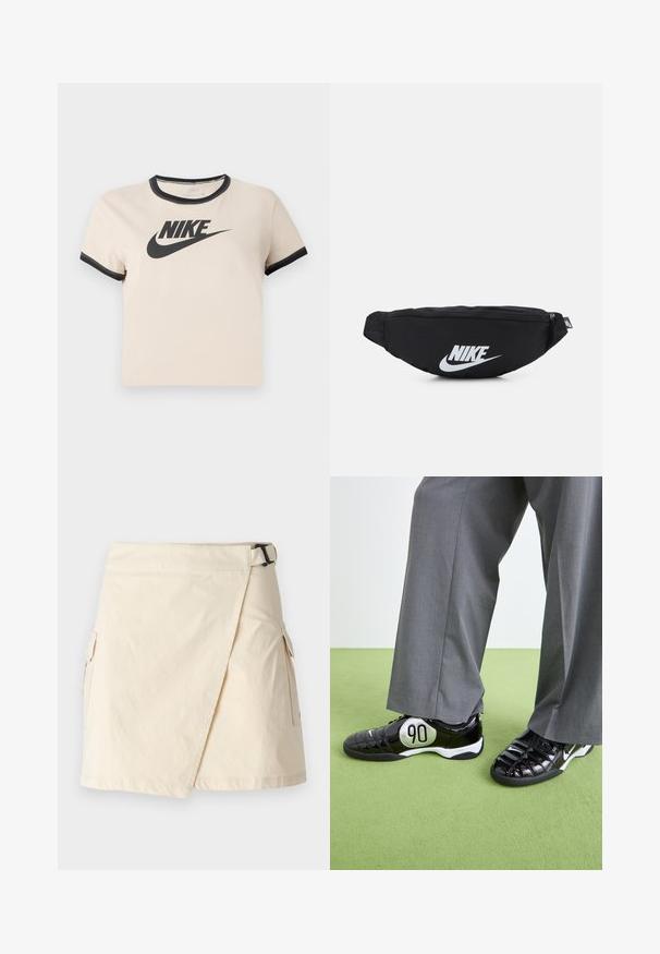 Lysbeige bomulds t-shirt med en sort rund halsudskæring og manchetter. Har et fremtrædende sort Nike-logo på forsiden.; Beige omslagskørter lavet af letvægtsstof, med en sidebuckle, to cargo-lommer og en ren kant.; Sorte patentlæder sneakers med en sølv "90" detalje, der har en tekstureret overflade og snørelukning, parret med grå brede bukser.; Sort nylon bæltetaske med lynlås, der har et stort hvidt Nike-logo. Glat tekstur og ergonomisk design for komfortabel bæring.