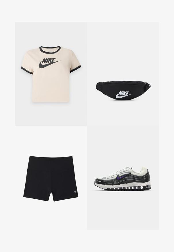 Lichtbeige katoenen t-shirt met een zwarte ronde halslijn en mouwen. Voorzien van een opvallend zwart Nike-logo op de voorkant.; Zwarte atletische shorts van rekbaar materiaal, met een hoge tailleband en een klein wit logo in de rechterbenedenhoek.; Nike Air Max sneaker met een witte mesh bovenkant, zwarte accenten, paarse logo, gebogen ontwerp en zichtbare luchtkussens in de zool.; Zwarte nylon heuptas met een ritsluiting, voorzien van een groot wit Nike-logo. Soepele textuur en ergonomisch ontwerp voor comfortabel dragen.