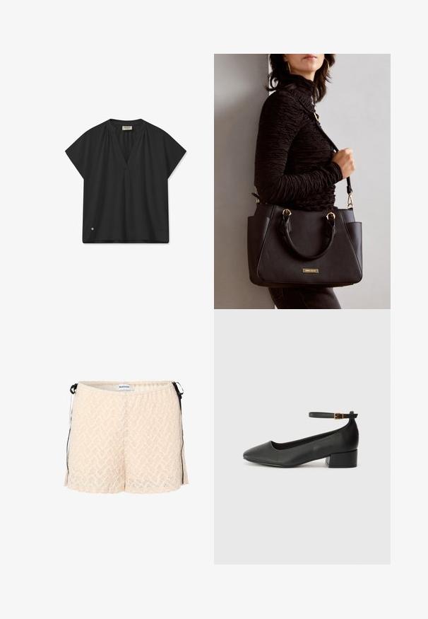 Black short-sleeve blouse with a V-neckline, featuring gathered details at shoulders and a subtle logo accent at the hem. Smooth texture.; Peach lace shorts with elastic waistband, side ties, and a chevron pattern. Soft texture and loose fit for comfort.; Black leather pump with a pointed toe and a low block heel. Features an ankle strap with a gold-tone buckle. Smooth texture.; Black handbag with textured surface, dual top handles, and adjustable shoulder strap. Features gold-tone hardware and side pockets.