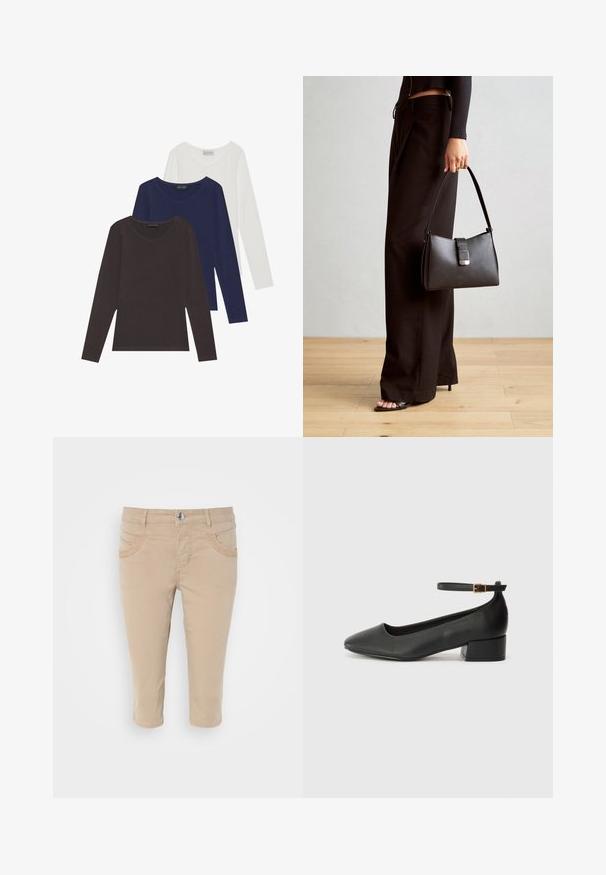 Trijų ilgamis rankovėmis marškinėlių rinkinys rudos, tamsiai mėlynos ir baltos spalvos, su v-kaklu ir pagamintas iš minkštos medvilnės.; Bežinės trumpintos kelnės su lygia medvilnės tekstūra, turinčios dvi priekinės kišenes ir mygtuko uždarymą juosmens srityje.; Juodas odinis aukštakulnis batelis su smailiu pirštu ir žemu bloku. Su kulkšnies dirželiu su auksinės spalvos sagtimi. Lygus paviršius.; Juodas rankinė struktūrizuota forma, lygi tekstūra ir metalinis užsegimas. Suporuota su plačiomis juodomis kelnėmis ir atvirais bateliais ant medinių grindų.