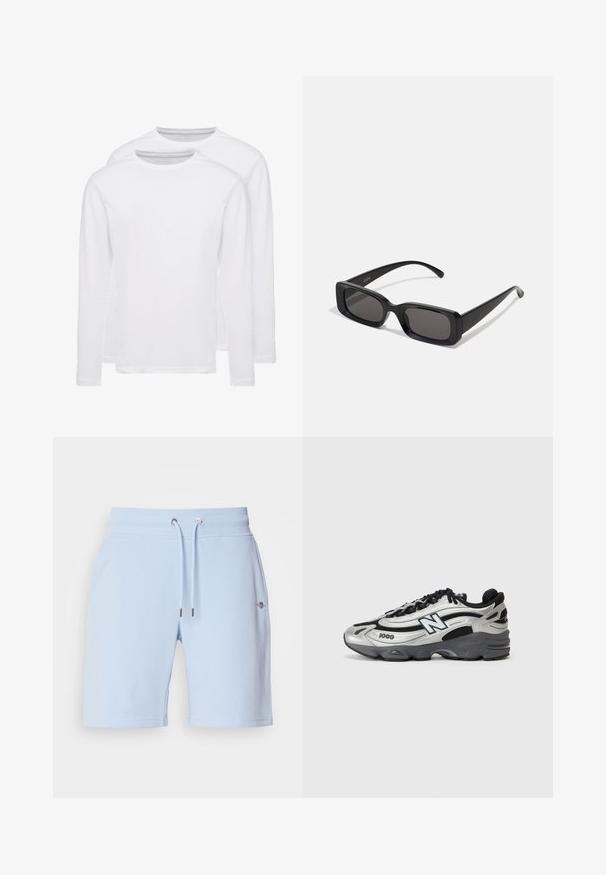 Dve bele majice z dolgimi rokavi iz mehkega bombaža. Imajo okrogel izrez in gladko, enakomerno teksturo brez vzorcev ali okraskov.; Svetlo modri kratki hlače iz mehkega materiala, z elastičnim pasom in vrvico ter majhnim logotipom spredaj.; Srebrni in črni športni čevlji z mrežastim zgornjim delom, oblazinjeno podplatom, vezanjem in podrobnostmi blagovne znamke na strani.; Črne pravokotne sončna očala z temnimi lečami, sijajna površina, široka ročaja in masiven okvir. Vgravirano ime blagovne znamke na eni ročaji.; Zeleni kapuci s hudimi žepi, ohlapen kroj. Ena manekenka nosi črne kavbojke, druga nosi črno torbico čez telo.