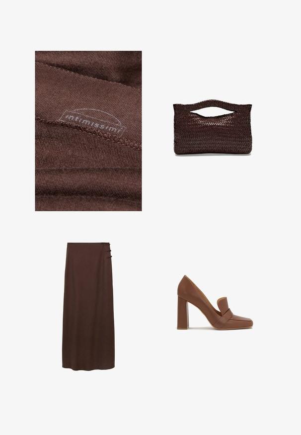 Brązowa tkanina o miękkiej fakturze, z widocznymi przeszyciami i okrągłą metką z logo częściowo zakrytą przez fałdy materiału.; Brąskowa, długość do ziemi spódnica wykonana z miękkiego materiału. Posiada trzy dekoracyjne guziki po bokach w okolicy talii. Prosty, nieozdobiony fason.; Brązowy skórzany but na obcasie z kwadratowym noskiem i szerokim paskiem z przodu. Obcas ma kształt bloku i jest solidny.; Torebka z brązowej, plecionej skóry z zaokrąglonym uchwytem u góry i otwartą sylwetką, charakteryzująca się teksturowaną powierzchnią oraz eleganckim, minimalistycznym designem.