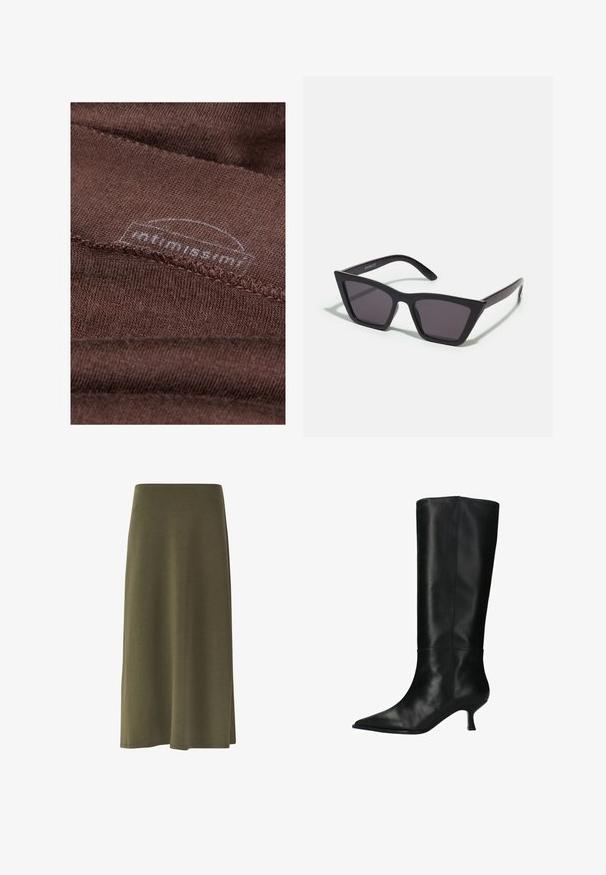 Bruin stof met een zachte textuur, met zichtbare stiksels en een cirkelvormig logolabel dat gedeeltelijk wordt bedekt door stofplooien.; Een knielange, olijfgroene rok van zacht materiaal, met een gladde textuur, subtiele val en een lichte zijsplit.; sacha MIT KITTEN HEEL - Laarzen - black; Zwarte, hoekige zonnebril met grijze lenzen; gemaakt van plastic, met dikke armen met een gladde oppervlakte en zonder zichtbare hardware.; Zwarte schoudertas met een gestructureerd oppervlak, voorzien van een gouden kettingriem en een gouden driehoekige logo-plaquette aan de voorkant.