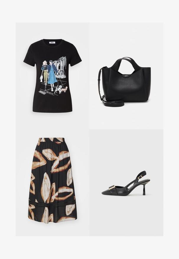 Fekete pamut póló, amelyen egy grafikus nyomat látható, két alak kutyát sétáltat, kék, zöld és fehér részletekkel. Kerek nyak, rövid ujjú.; Fekete szoknya absztrakt, krémszínű és barna levélmintákkal, gumi derékkal, és dekoratív szegéllyel, amelyen kis pöttyök találhatók az alján.; Fekete bőr slingback cipő hegyes orral, karcsú sarkal és aranyszínű kiegészítővel a lábfej résznél. Simább szerkezet és letisztult dizájn.; Fekete bőrtáska texturált felülettel, szögletes formával, két füllel és állítható vállpánttal. DKNY logós díszítéssel rendelkezik.
