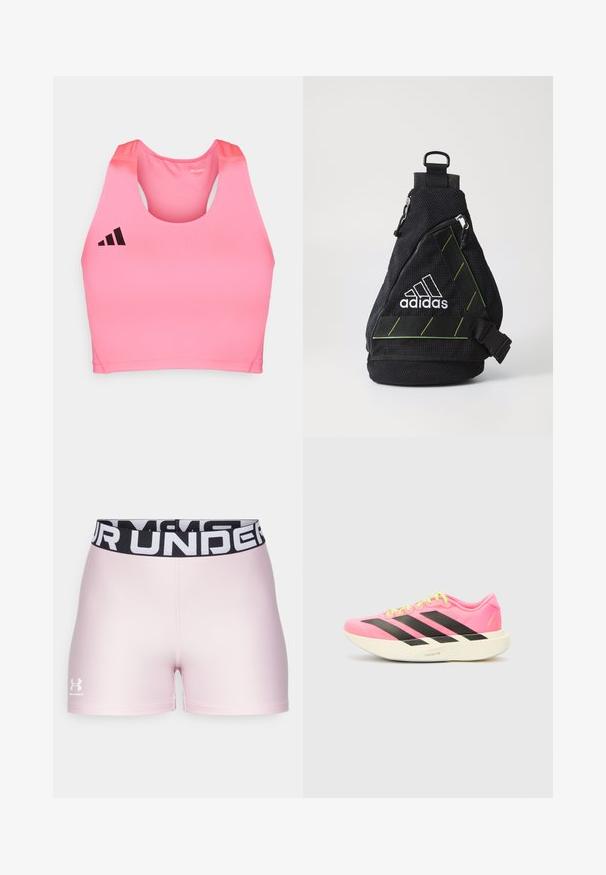 adidas Performance ADIZERO - Top - lucid pink; Rosa Sportshorts aus glattem Material mit einem schwarzen elastischen Bund, der weißen "UNDER ARMOUR"-Aufdruck trägt. Logo auf der unteren linken Seite.; adidas Performance ADIZERO EVO SL W - Laufschuh Straße - lucid pink/core black/white; Schwarze Stoff-Tragetasche mit strukturiertem Obermaterial, weißem Logo, grünen Akzenten, verstellbarem Träger und vorderer Reißverschlusstasche. Kompakte und dreieckige Form.
