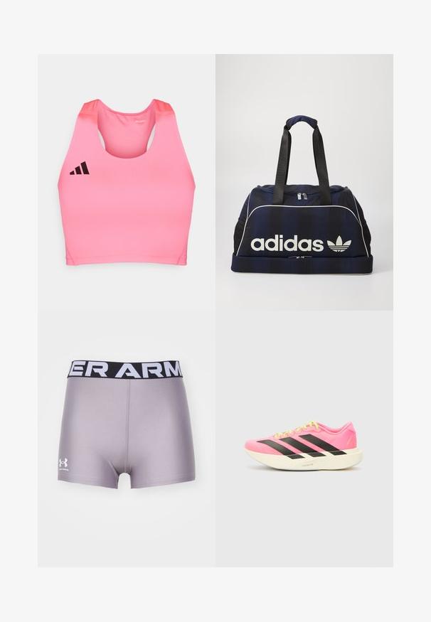 adidas Performance ADIZERO - Top - lucid pink; Calções de desporto cinzentos com uma cintura em preto e branco com a marca "UNDER ARMOUR". Feitos de um tecido suave, apresentam um corte curto e um logótipo na lateral.; adidas Performance ADIZERO EVO SL W - Sapatilhas - lucid pink/core black/white; Mala de duffel azul-marinho com o logótipo branco da Adidas, apresentando um topo com fecho, duas alças pretas robustas e bolsos laterais em malha. Textura do tecido suave.