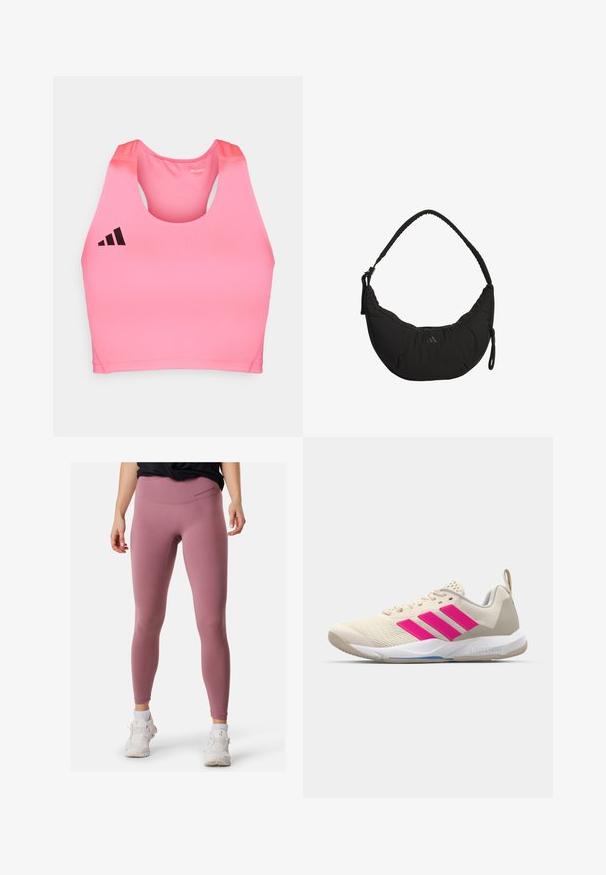 adidas Performance ADIZERO - Débardeur - lucid pink; Leggings de sport roses avec taille haute, texture lisse et détails de couture minimaux. Associés à des baskets blanches pour le contraste.; Baskets de sport beiges avec un logo à trois bandes roses, tige en maille texturée, col rembourré et semelle en caoutchouc blanc, arborant le marquage "LIGHTSTRIKE".; Sac à bandoulière noir au design courbé, en tissu rembourré, avec une bandoulière réglable et un logo discret. Il dispose d'un compartiment zippé et d'accents texturés.