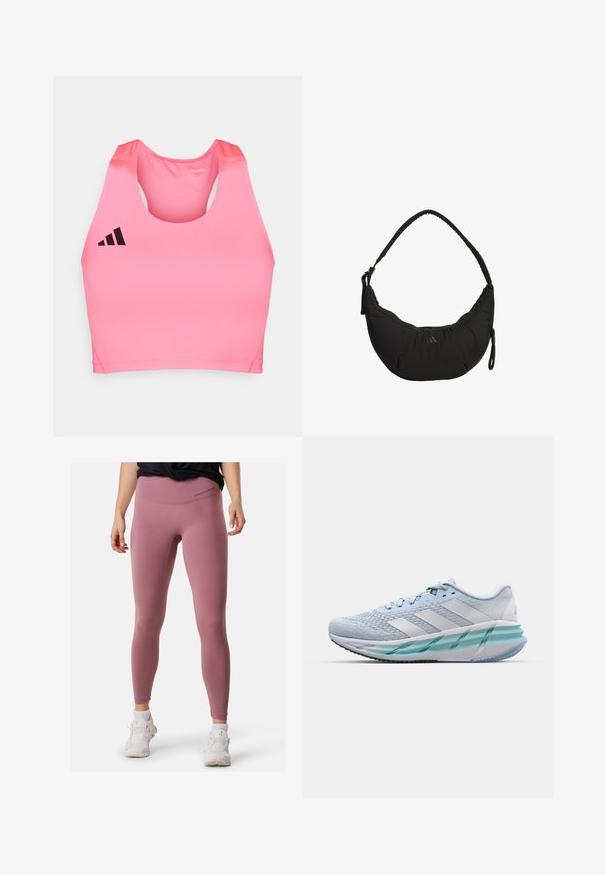 adidas Performance ADIZERO - Débardeur - lucid pink; Leggings de sport roses avec taille haute, texture lisse et détails de couture minimaux. Associés à des baskets blanches pour le contraste.; Baskets de sport bleu clair avec un dessus en tricot texturé, des accents blancs et une semelle intermédiaire transparente verte. Bout arrondi et col rembourré.; Sac à bandoulière noir au design courbé, en tissu rembourré, avec une bandoulière réglable et un logo discret. Il dispose d'un compartiment zippé et d'accents texturés.
