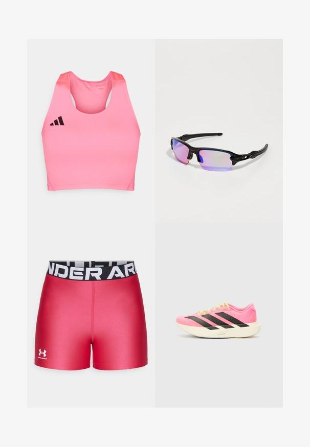 adidas Performance ADIZERO - Top - lucid pink; Červené športové šortky s hladkou textúrou, priliehavým strihom a širokým čiernym pásom so znakmi "UNDER ARMOUR" v bielej farbe.; adidas Performance ADIZERO EVO SL W - Tréningová obuv - lucid pink/core black/white; Čierne športové slnečné okuliare s lesklým povrchom, fialovými zrkadlovými sklami a zakrivenými čiernymi spŕšmi. Rám je ozdobený logom.