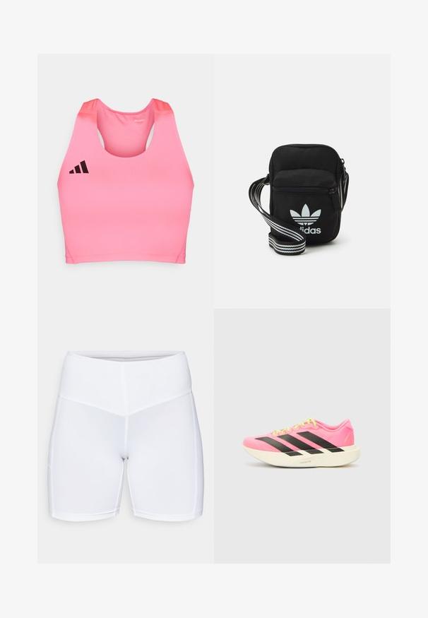 adidas Performance ADIZERO - Top - lucid pink; Bílé sportovní šortky vyrobené z elastického materiálu, s vysokým pasem a plochými švy. Hladký povrch bez viditelných kapes nebo vzorů.; adidas Performance ADIZERO EVO SL W - Sportovní boty - lucid pink/core black/white; Černá crossbody taška z látky se zipovým uzávěrem, obsahující bílé logo Adidas a pruhovaný nastavitelný popruh pro snadné nošení.