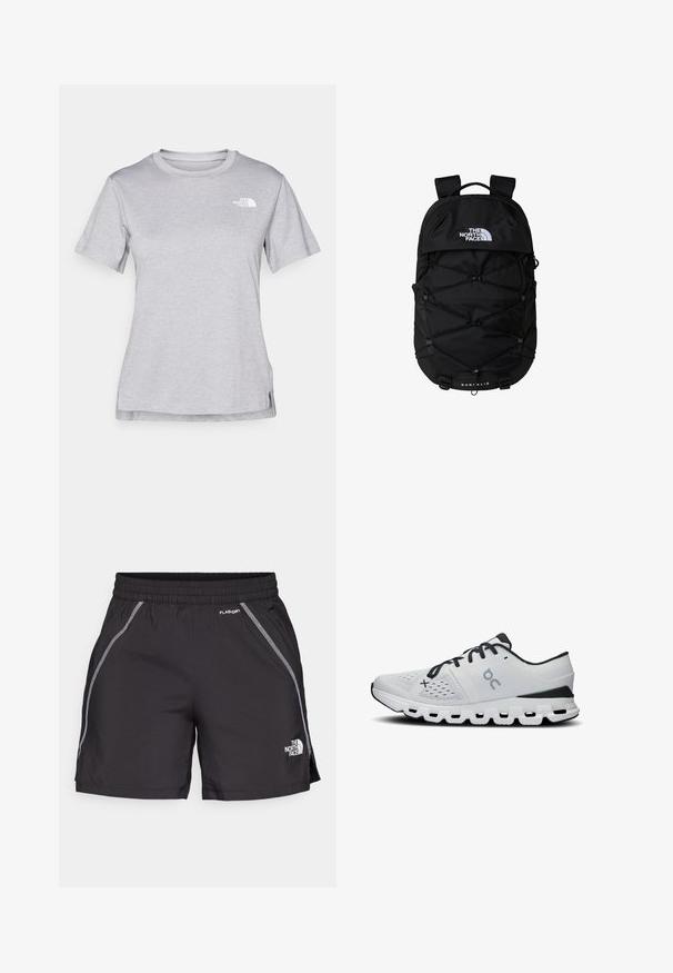 Harmaa lyhythihainen t-paita, joka on valmistettu pehmeästä, kosteutta siirtävästä kankaasta. Siinä on pyöreä kaula-aukko ja pieni valkoinen logo vasemmassa yläkulmassa.; Mustat urheilushortsit, jotka on valmistettu kevyestä materiaalista, sisältävät joustavan vyötärön, heijastavia yksityiskohtia ja "The North Face" -logon vasemmalla puolella.; Miestenské bežecké topánky z bielej sieťoviny s čiernymi akcentmi. Obsahujú textúrovaný zvršok, šnurovanie a robustnú bielu podrážku s výrezmi.; Musta reppu, jossa on vetoketjulla suljettava pääosio, joustava bungee-nauhamalli, pehmustetut hihnat ja logo edessä; valmistettu kestävästä kankaasta.