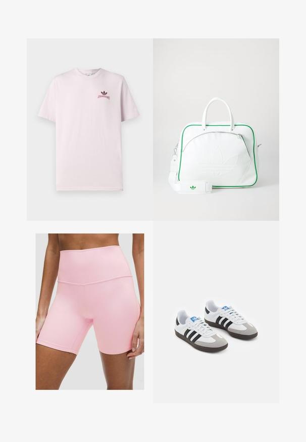 Vaaleanpunainen puuvillapaita, pyöreä kaulus, lyhyet hihat, jossa on musta Adidas-logo ja teksti vasemmassa rintataskussa. Suora pinta.; Korkeavyötäröiset vaaleanpunaiset urheilushortsit, jotka on valmistettu joustavasta kankaasta. Ominaisuuksiin kuuluu sileä pinta ja vahvistetut saumat, jotka on suunniteltu mukavuutta ja liikkuvuutta varten.; Urheilukengät, joissa on valkoinen nahkainen päällinen, harmaa mokkanokka ja kolme mustaa raitaa. Ominaisuuksina sininen logo kielekkeessä ja kuvioitu kumipohja.; Valkoinen nahkalaukku vihreällä reunuksella, jossa on näkyvä kohokuvioitu logo, kaksinkertaiset kahvat, irrotettava olkahihna ja vetoketjullinen etutasku.