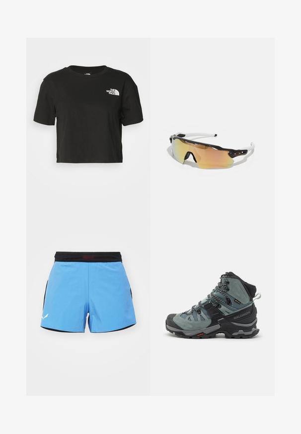 Mustat lyhyt cropped-t-paita, joka on valmistettu puuvillasta. Siinä on pyöreä kaula-aukko ja lyhyet hihat, ja vasemmassa rinnassa on valkoinen logo.; Vaaleansiniset urheilushortsit mustalla vyötärönauhalla, sivuilla verkkopaneelit ja valkoinen logo helman kohdalla. Pehmeä, nopeasti kuivuva kangas.; Korkea vaelluskengät harmaa-sinisenä, mokkanahasta ja verkosta valmistettu päällinen, jossa on mustia yksityiskohtia, solmitut nauhat ja kestävä pohja pidon parantamiseksi.; Auringonlaskulasit, joissa on musta-valkoinen kehys, isot peilipinnat kultaisina ja vaaleanpunaisina sävyinä, aerodynaaminen muotoilu ja pidennetty ulkorimma.