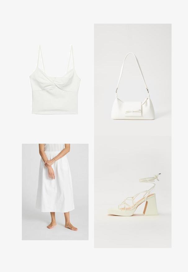 Hvid cropped tanktop med tynde spaghetti-stropper, der har et snoet frontdesign og en glat tekstur. Fremstillet af strækbart stof.; Hvid, ankel-lang nederdel lavet af bomuld med elastisk talje. Glat tekstur, der har et simpelt, flydende design.; Hvide højhælede sandaler med en kraftig hæl, der har et stropdesign og ankelbinding. Glat tekstur med en platform foran for ekstra højde.; Hvid syntetisk håndtaske med en trekantet form, flad forsideklap og sløjfedetalje, justerbar strop, glat tekstur og minimalistisk design.