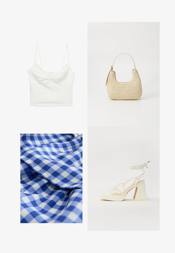 Top corto bianco con spalline sottili, caratterizzato da un design frontale attorcigliato e una superficie liscia. Realizzato in tessuto elastico.; Tessuto a quadrati blu e bianchi con una consistenza morbida, caratterizzato da piccoli quadrati in tonalità di blu alternate. Include una rifinitura arricciata.; Sandalo bianco con tacco alto, caratterizzato da un design a cinturini e un legaccio alla caviglia. Texture liscia con una piattaforma frontale per un'altezza aggiuntiva.; Borsa a tracolla intrecciata in paglia di colore beige, con una forma curva, manico corto e zip laterale. Presenta una superficie texturizzata e un design minimalista.