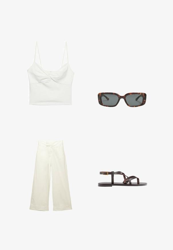 Top court blanc sans manches avec de fines bretelles, présentant un design en avant torsadé et une texture lisse. Fabriqué en tissu extensible.; Pantalons à jambes larges en tissu doux de couleur crème. Dotés d'une taille plate et de poignets roulés. Texture lisse avec un design épuré et minimaliste.; Sandale en cuir marron avec des brides entrecroisées, une fermeture à boucle à la cheville et une semelle plate avec des détails de couture minimaux.; Lunettes de soleil en écaille de tortue avec des verres rectangulaires, monture épaisse et verres teintés foncés. Texture lisse et design minimaliste.