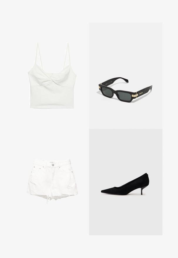 Bijela skraćena majica bez rukava s tankim naramenicama, koja ima dizajn s uvijenim prednjim dijelom i glatku teksturu. Izrađena od rastezljivog materijala.; Bijele traper kratke hlače s istrošenim izgledom, rastrganim rubom i dizajnom s pet džepova. Uključuju metalne dugmadi i zakovice.; Crna nubuk visoka potpetica s šiljastim vrhom i tankom, niskom potpeticom. Glatka tekstura s elegantnim dizajnom, bez vidljivih dodataka.; Crne pravокutne sunčane naočale s tamnim staklima, zlatni metalni detalji na sljepoočnicama i logo na bočnoj strani. Glatka tekstura okvira.; Bijela torbica od umjetne kože s čvorastim ručkom, zatvaranjem na zip, zlatnim dijelovima i zaobljenim oblikom.