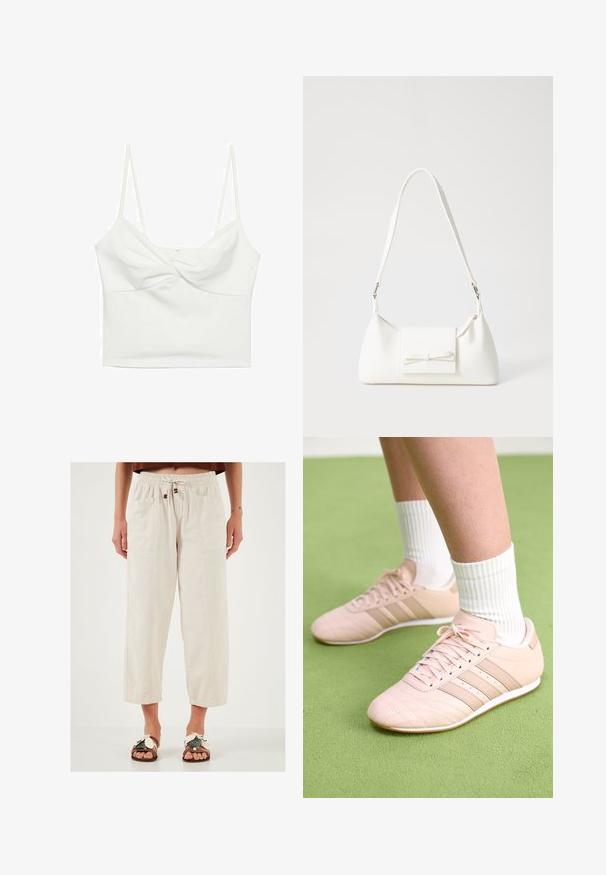 Top corto bianco con spalline sottili, caratterizzato da un design frontale attorcigliato e una superficie liscia. Realizzato in tessuto elastico.; Pantaloni beige, leggeri, a gamba larga con cintura elastica, cordoncino e due tasche frontali. Tessuto testurizzato con vestibilità rilassata.; Scarpe da ginnastica rosa chiaro con cuciture diagonali, suole bianche e tre strisce laterali. Indossate con calze bianche a coste su una superficie verde.; Borsa sintetica bianca a forma triangolare, con patta anteriore piatta e dettaglio a fiocco, tracolla regolabile, texture liscia e design minimalista.