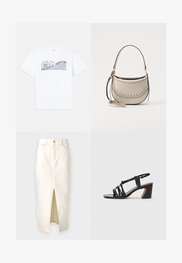 White cotton t-shirt featuring a colorful graphic of a ferris wheel and roller coaster with "PS Paul Smith" text in red and blue.; White denim skirt with a front slit, featuring a high waistband, belt loops, and classic five-pocket design. Textured fabric with stitching details.; Paul Smith AMIRA - Classic heels - black; Vanessa Bruno MINI DAILY BAG - Handbag - ivoire
