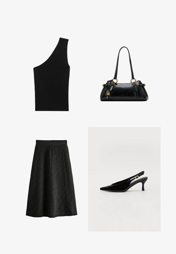 Haut en tricot noir à côtes avec une silhouette asymétrique unique et une seule bretelle. Texture lisse, sans matériel visible ni motif.; Jupe en tricot noire avec un design évasé, un tissu texturé, longueur mi-mollet et une taille élastique. Pas de poches ni d'embellissements.; Pompe slingback en cuir verni noir avec un bout pointu, un petit talon et une attache en or sur la bride. Texture lisse et design élégant.; Sac à main en cuir noir avec une texture lisse, forme arrondie, accents en métal doré et doubles poignées. Présente une serrure décorative sur le côté.