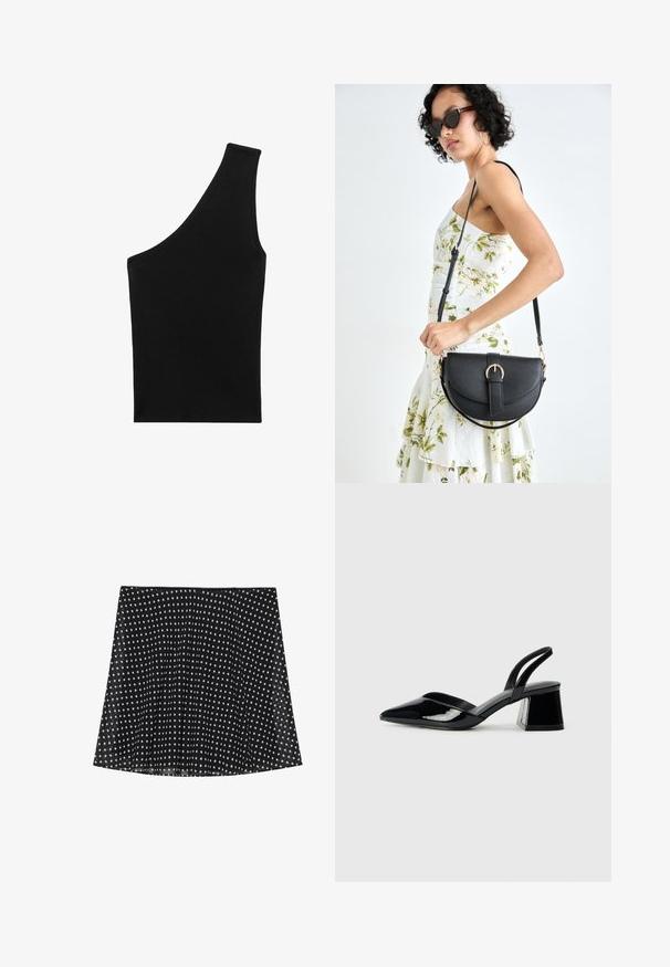 Črn, rebrast pleten top z edinstveno asimetrično silhueto in enim naramnikom. Gladka tekstura, brez vidnih velikosti ali vzorca.; Črna krila s belimi pikami, ki imajo naborke in gladko teksturo. Imajo ukrivljen rob in preprost dizajn pasu.; Črne lakirane slingback pete s koničastim nosom in geometrijsko blokasto peto. Imajo eleganten, minimalističen dizajn in gladko teksturo.; Črna usnjena torbica s ukrivljeno obliko, z odstranljivo naramnico in zlatimi dodatki. Torbica ima pokrov s podrobnostmi v obliki zaponke.