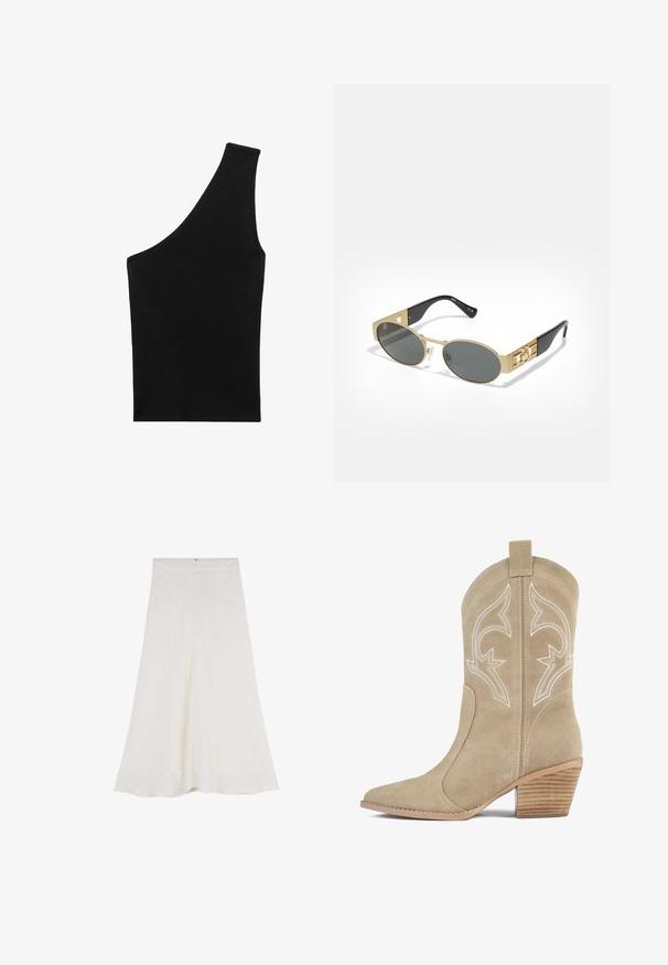 Black, ribbed knit top with a unique asymmetrical silhouette and a single shoulder strap. Smooth texture, no visible hardware or pattern.; A white, mid-length skirt made of textured fabric, featuring a flared design and a concealed zipper at the back for closure.; Beige suede cowboy boot with pointed toe, decorative white stitching, and stacked wooden heel. Features a pull tab at the back.; Oval sunglasses with a gold metal frame and gray lenses. Features black acetate arms with gold accents and logo detail on the sides.