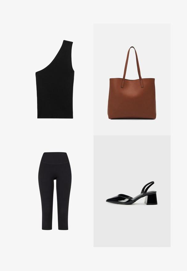 Čierny, rebrovaný pletený top s jedinečnou asymetrickou siluetou a jedným ramenným pásikom. Hladká textura, bez viditeľného kovania alebo vzoru.; Čierne legíny s dĺžkou po členky vyrobené z elastického materiálu, s vysokým pásom a bez viditeľných vzorov alebo kovania.; Čierne lakované kožené sandálové podpätky s špicatou špičkou a geometrickým blokovým podpätkom. Disponujú elegantným, minimalistickým dizajnom a hladkým povrchom.; Hnedá kožená taška na rameno s hladkou textúrou, otvoreným vrchom a dvoma ramenými popruhmi. Má minimálne šitia a žiadne viditeľné kovania.
