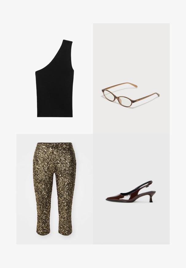 Černý, žebrovaný pletený top s jedinečnou asymetrickou siluetou a jedním ramenním popruhem. Hladká textura, žádné viditelné kovové prvky ani vzor.; Zlaté flitrové capri kalhoty s těsným střihem a elastickým pasem, které mají lesklý, strukturovaný povrch, jenž se odráží ve světle.; Hnědé lakované kožené slingback boty s špičatou špičkou a mírným podpatkem. Disponují přezkou pro bezpečné upevnění. Hladký povrch.; Hnědé želvovinové brýle s oválnými skly, tenkými bočními nohami a průhlednými akcenty. Obsahují decentní logo na stranu. Elegantní, lehký design.