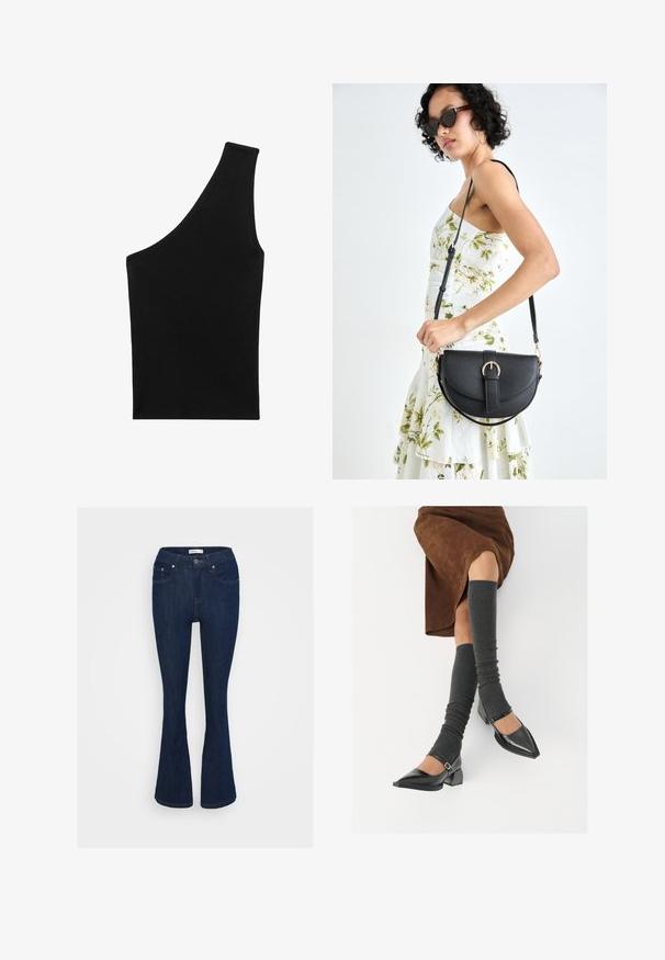 Črn, rebrast pleten top z edinstveno asimetrično silhueto in enim naramnikom. Gladka tekstura, brez vidnih velikosti ali vzorca.; Temno modri flared jeans iz denima s klasičnim pet-pocket designom, kovinsko gumbno zapiranje in dodatki s šivi na žepih.; Črne lakirane čevlje s pointy prsti in blok peto ter z naramnicami za gleženj, ki jih kombiniramo s sivimi rebrastimi nogavicami in rjavim suknjičem iz usnja.; Črna usnjena torbica s ukrivljeno obliko, z odstranljivo naramnico in zlatimi dodatki. Torbica ima pokrov s podrobnostmi v obliki zaponke.