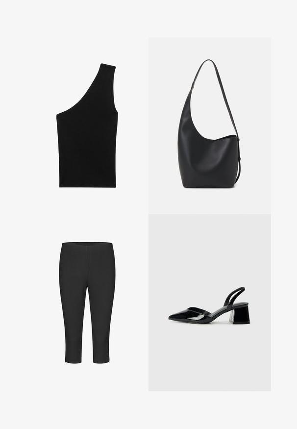 Čierny, rebrovaný pletený top s jedinečnou asymetrickou siluetou a jedným ramenným pásikom. Hladká textura, bez viditeľného kovania alebo vzoru.; Čierne skrátené legíny vyrobené z elastického materiálu, ktoré majú hladký povrch a bočné zipsy na leme pre zvýšenú funkčnosť.; Čierne lakované kožené sandálové podpätky s špicatou špičkou a geometrickým blokovým podpätkom. Disponujú elegantným, minimalistickým dizajnom a hladkým povrchom.; Čierna kožená hobo taška so hladkou textúrou, zakriveným tvarom a jedným nastaviteľným popruhom; má široké otvorenie na vrchu.