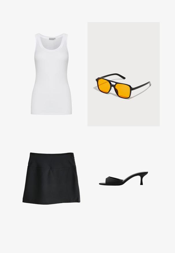 Débardeur blanc en coton avec un col rond et une coupe ajustée. Doté de larges bretelles et d'une texture lisse. Aucun motif ni accent visible.; Jupe noire avec une texture lisse, de longueur genoux, et une taille élastique simple. Présente une fermeture éclair discrète à l'arrière.; Mules noires à talons avec un large bout ouvert et un dessus incurvé. Fabriqués en tissu texturé, avec un talon mince et une semelle lisse.; Lunettes de soleil rectangulaires noires avec des verres orange vifs. Elles présentent un design de pont unique et des branches élégantes, fabriquées à partir d'un matériau léger.; Sac en tissu noir avec un motif texturé et matelassé. Forme arrondie, poignées courtes et épaisses, et structure souple et flexible.; Bracelet en métal argenté avec une finition lisse et mate. Doté d'un design ouvert avec des bords arrondis, permettant un ajustement de la taille.