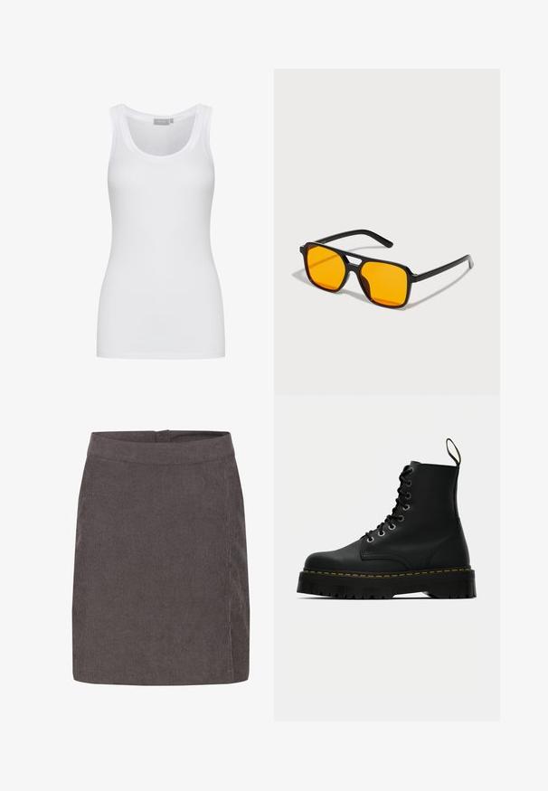 Weißes Baumwoll-Top mit runder Ausschnitt und figurbetontem Schnitt. Verfügt über breite Träger und eine glatte Textur. Keine Muster oder Akzente sichtbar.; Kaffe VERA - A-Linien-Rock - major brown c; Schwarze Leder-Schnürstiefeletten mit einer dicken, strukturierten Gummisohle und gelben Steppnähten um die Plattform.; Schwarze rechteckige Sonnenbrillen mit kräftigen orangenen Gläsern. Verfügt über ein einzigartiges Brückendesign und schlanke Bügel, die aus leichtem Material gefertigt sind.