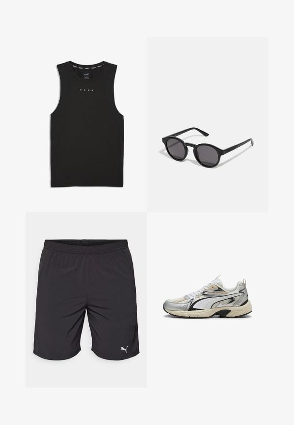 Camiseta sin mangas deportiva negra hecha de un tejido suave. Presenta el logo de PUMA en blanco, con un cuello redondo y paneles laterales de malla para mayor transpirabilidad.; Pantalones cortos deportivos negros hechos de tejido ligero con una cintura elástica. Presenta un pequeño logo blanco de Puma en la parte inferior izquierda.; Zapatillas con un diseño en plata, blanco y negro, fabricadas con materiales de malla y sintéticos, suela texturizada y acentos contrastantes.; Gafas de sol negras con un marco redondo, ligeramente ondulado, lentes oscuros y varillas rectas negras. Acabado liso y brillante sin patrones visibles.