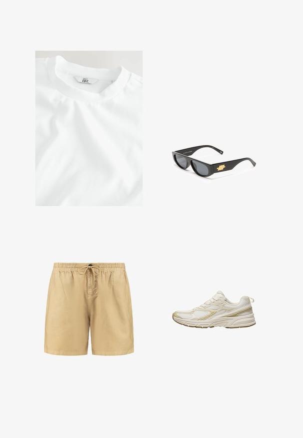 Egyszerű fehér póló, közelről bemutatva a nyakkivágást és a címkét, amelyen a "NEXT EDIT." felirat látható egy világos háttéren.; Beige rövidnadrág rugalmas derékkal és zsinórral. Könnyű anyagból készült, sima felülettel. Egyszerű dizájn, minta nélkül.; Fehér sportcipők, amelyek hálós és szintetikus anyagból készültek, lekerekített orral, párnázott talppal és bézs díszítésekkel az oldalán.; Fekete napszemüveg, téglalap alakú kerettel, szürke lencsékkel és egy szembetűnő arany logóval a szárán. Simított műanyag anyag és elegáns dizájn.